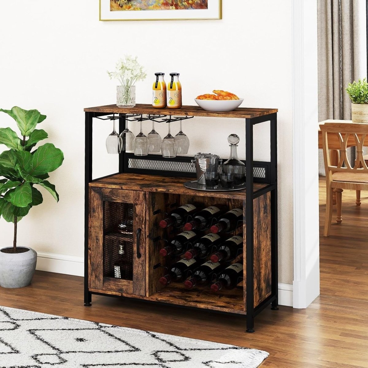 Industrial Wine Cabinet Sideboard with Rack, Glass Holder & Storage Shelves - Kwikley