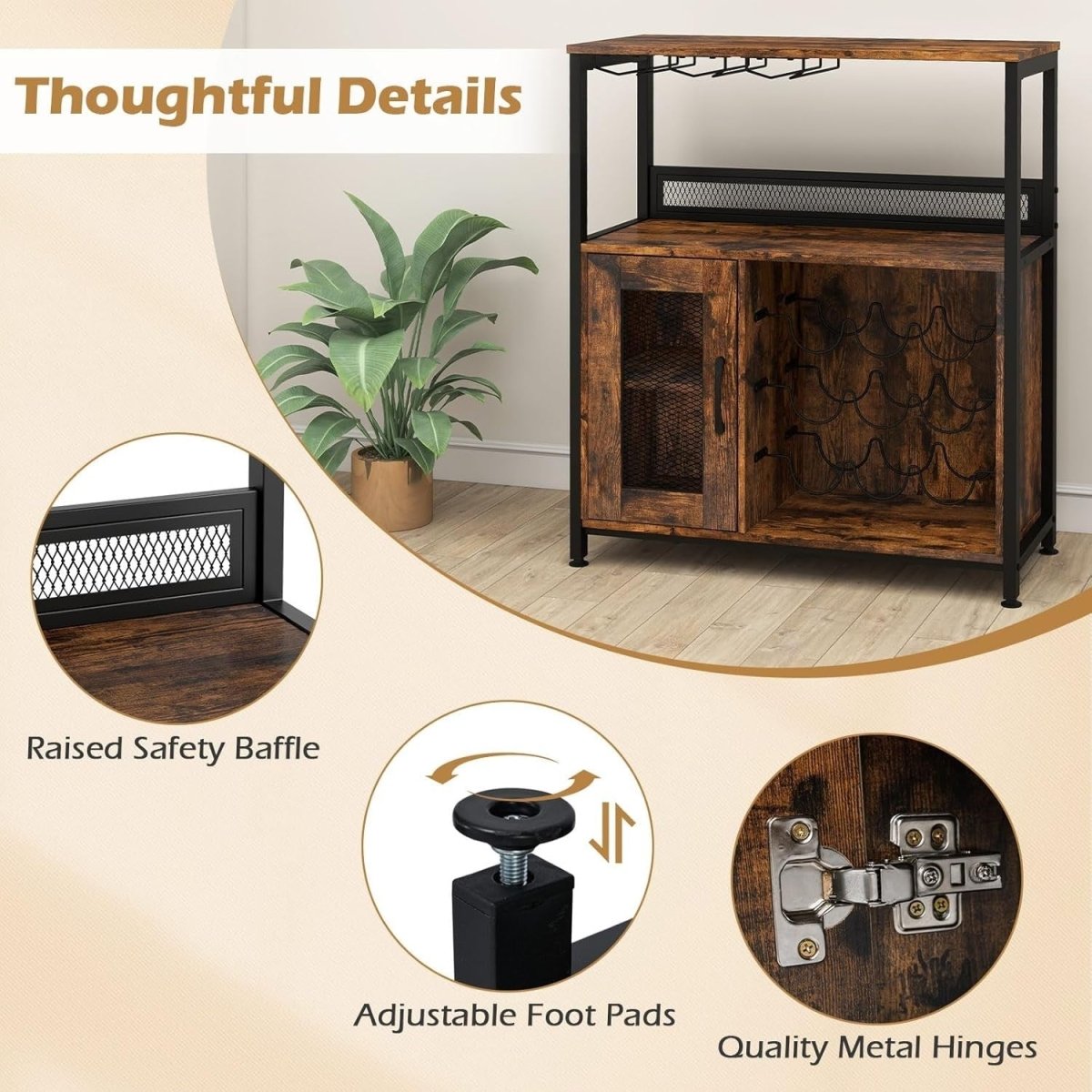 Industrial Wine Cabinet Sideboard with Rack, Glass Holder & Storage Shelves - Kwikley