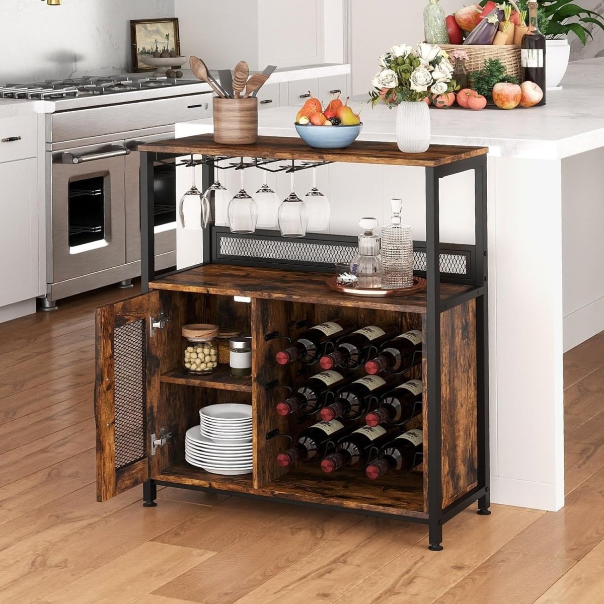Industrial Wine Cabinet Sideboard with Rack, Glass Holder & Storage Shelves - Kwikley