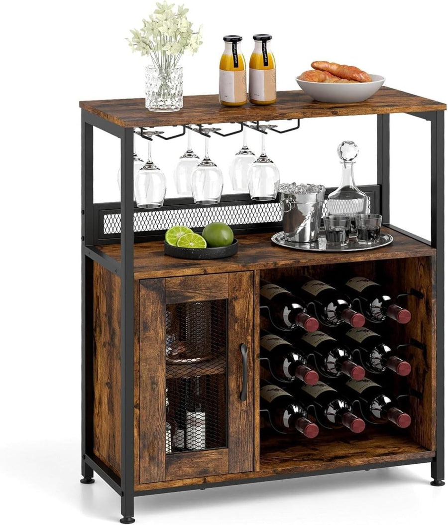 Industrial Wine Cabinet Sideboard with Rack, Glass Holder & Storage Shelves - Kwikley