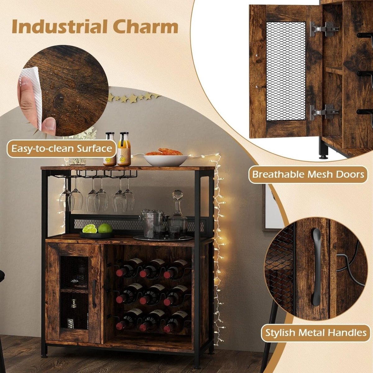 Industrial Wine Cabinet Sideboard with Rack, Glass Holder & Storage Shelves - Kwikley