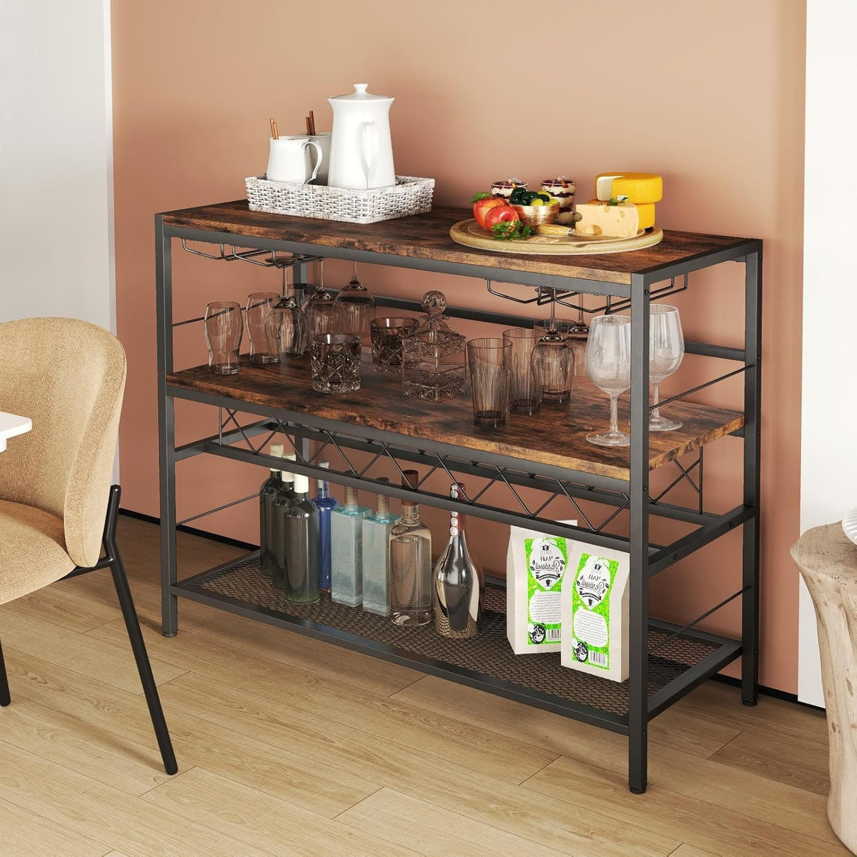 Industrial Wine Rack Bar Table with Bottle & Glass Storage Shelf 104cm Rustic - Kwikley