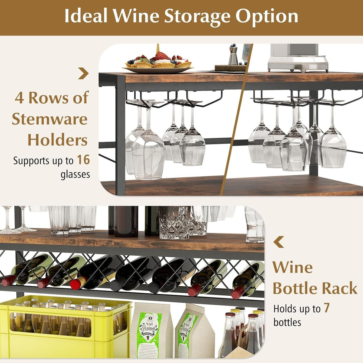 Industrial Wine Rack Bar Table with Bottle & Glass Storage Shelf 104cm Rustic - Kwikley