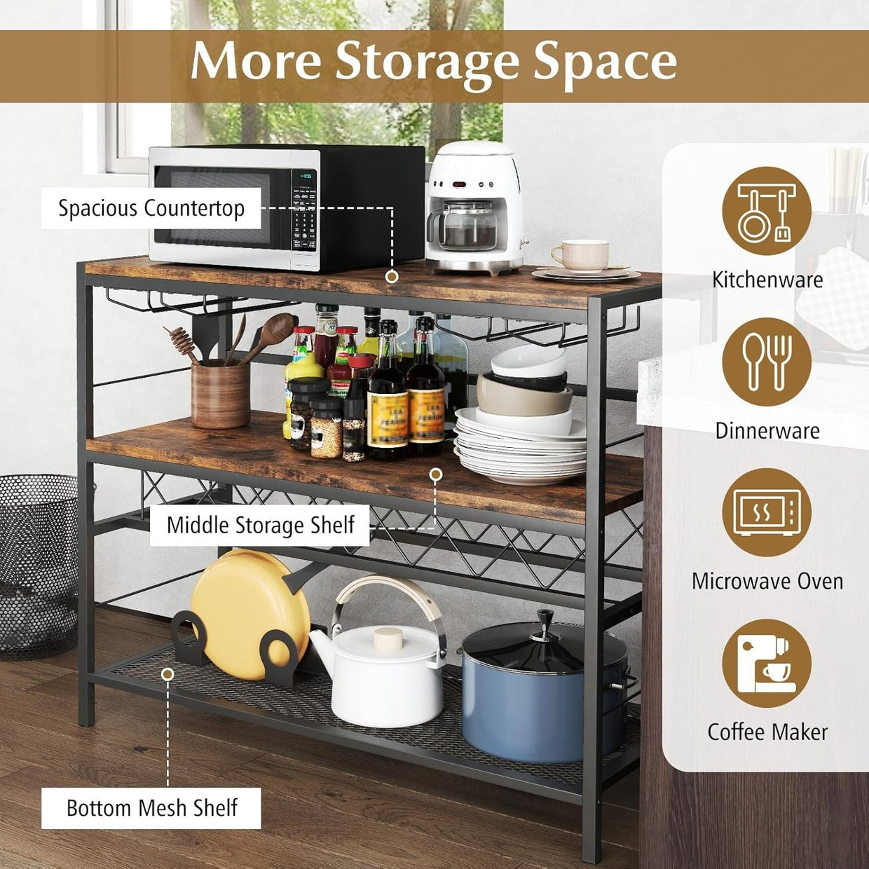 Industrial Wine Rack Bar Table with Bottle & Glass Storage Shelf 104cm Rustic - Kwikley