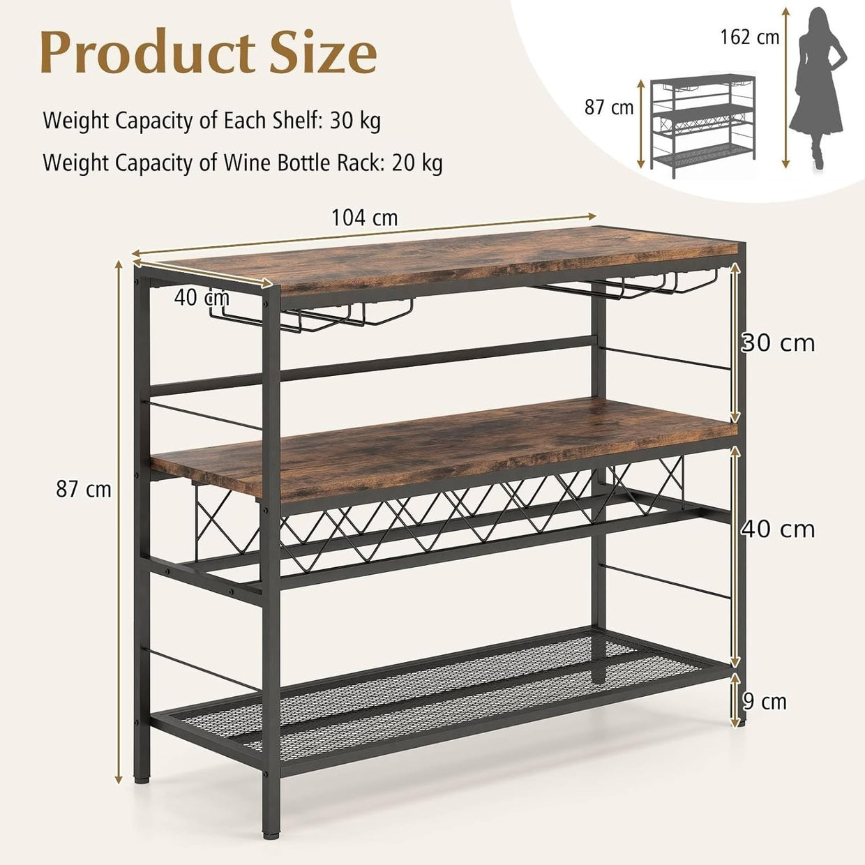 Industrial Wine Rack Bar Table with Bottle & Glass Storage Shelf 104cm Rustic - Kwikley
