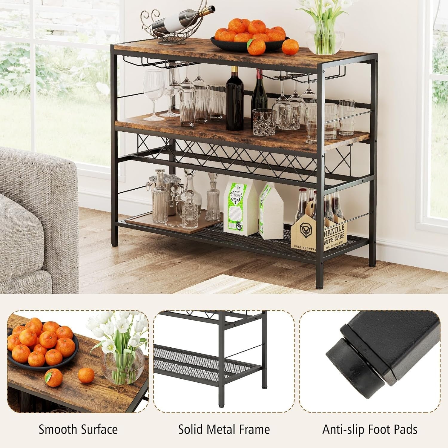 Industrial Wine Rack Bar Table with Bottle & Glass Storage Shelf 104cm Rustic - Kwikley