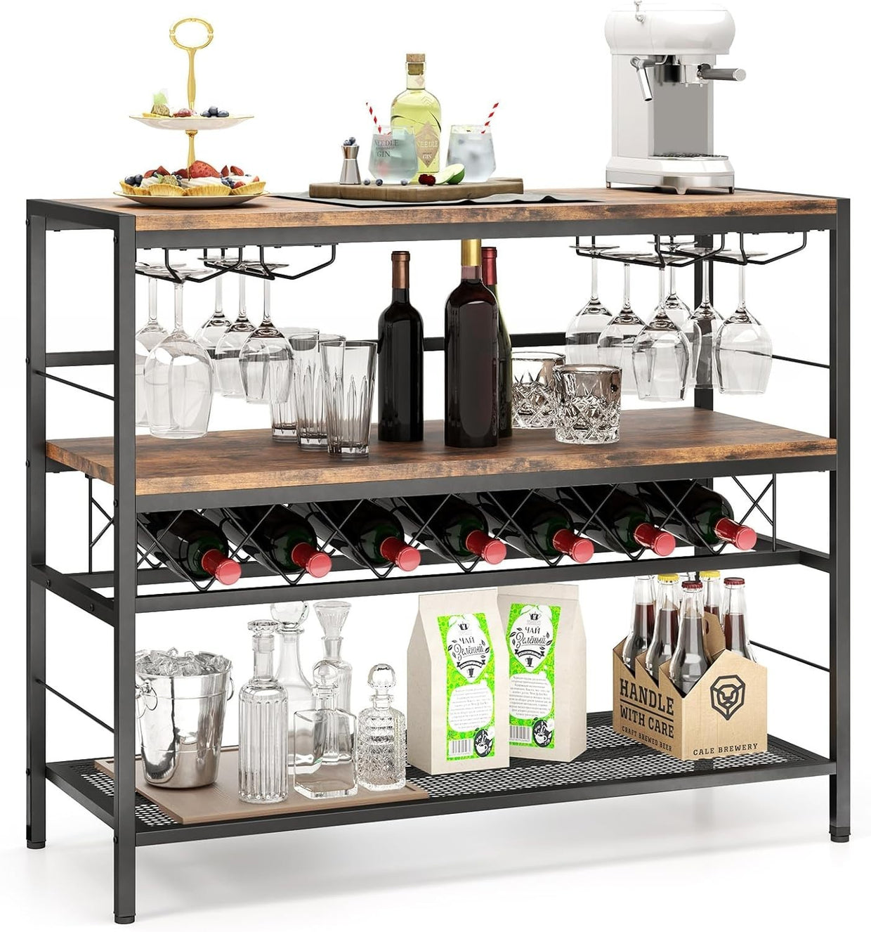Industrial Wine Rack Bar Table with Bottle & Glass Storage Shelf 104cm Rustic - Kwikley