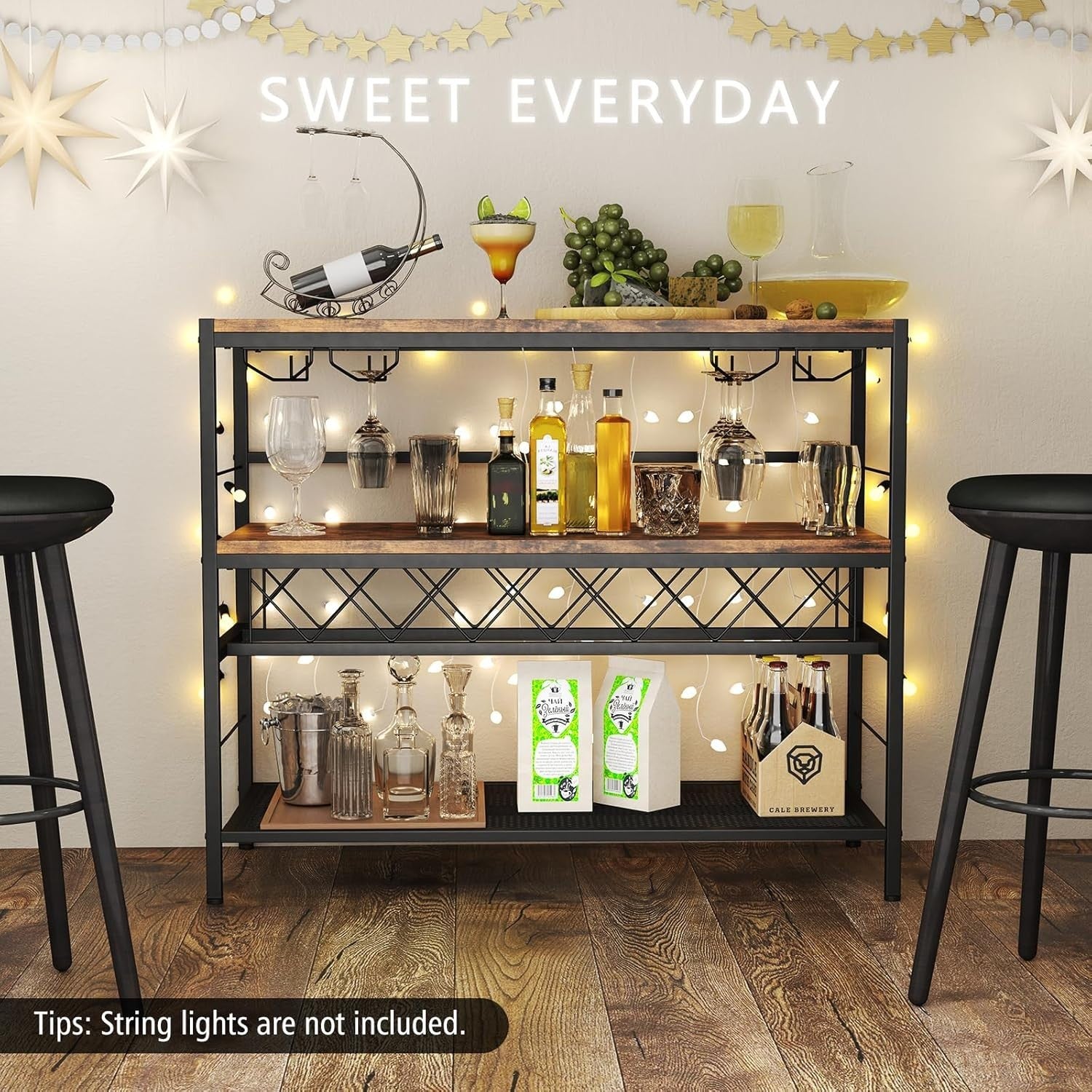 Industrial Wine Rack Bar Table with Bottle & Glass Storage Shelf 104cm Rustic - Kwikley
