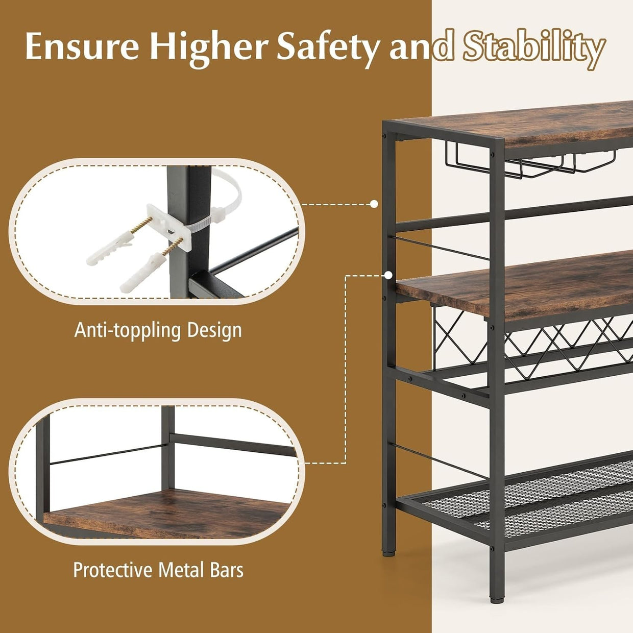 Industrial Wine Rack Bar Table with Bottle & Glass Storage Shelf 104cm Rustic - Kwikley