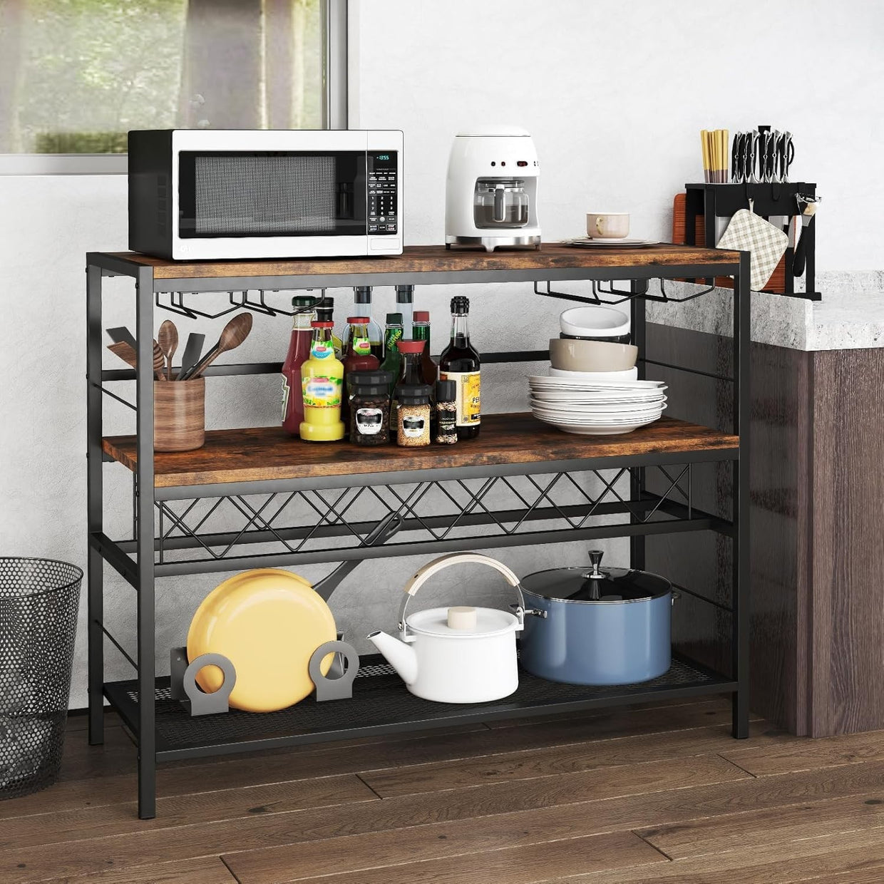 Industrial Wine Rack Bar Table with Bottle & Glass Storage Shelf 104cm Rustic - Kwikley