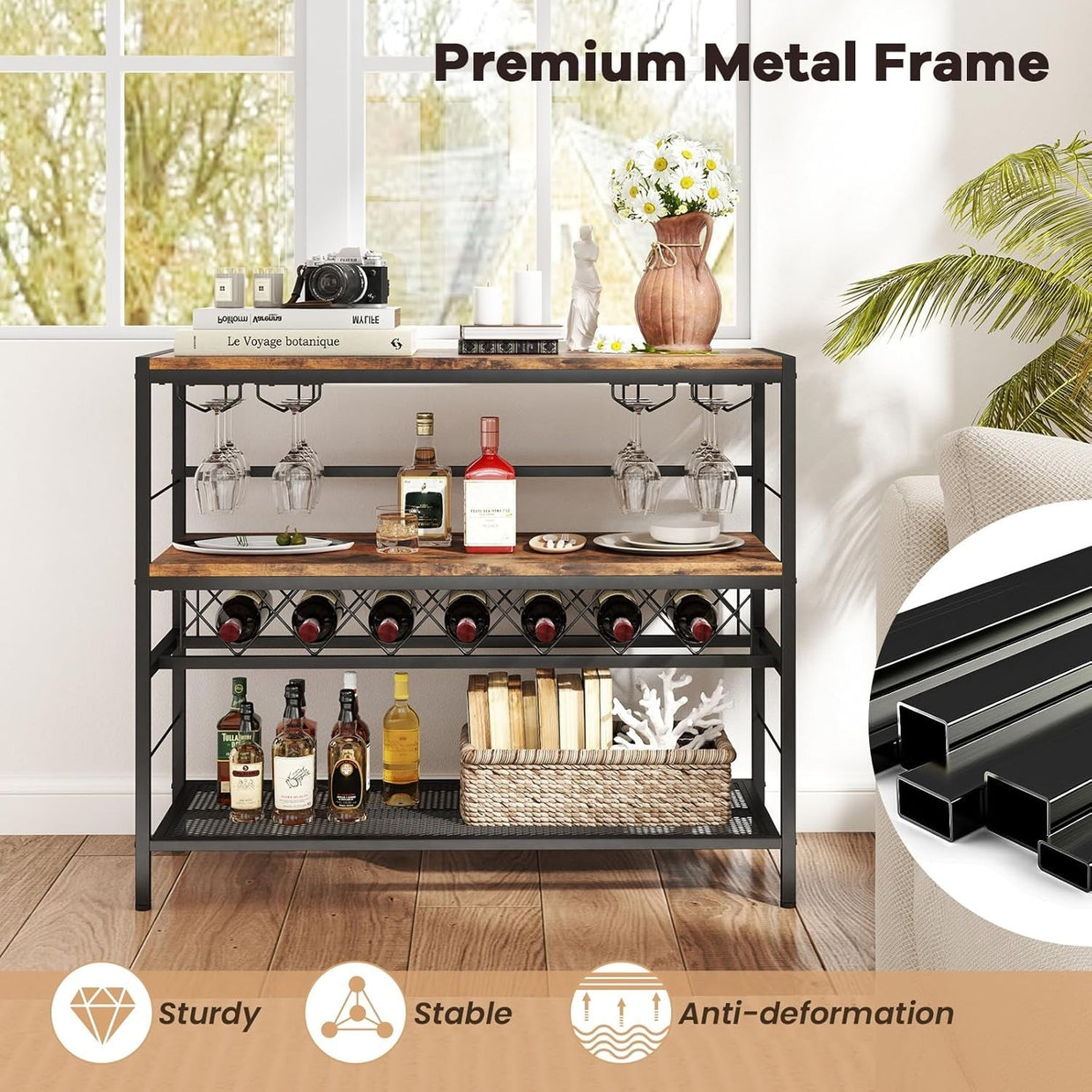 Industrial Wine Rack Table with Glass Holder, 3 - Tier Bar Cabinet Storage Unit - Kwikley