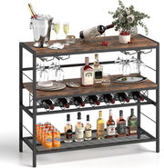 Industrial Wine Rack Table with Glass Holder, 3 - Tier Bar Cabinet Storage Unit - Kwikley
