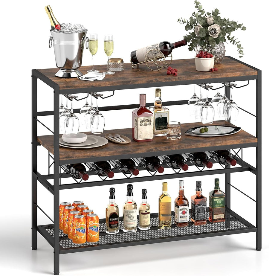 Industrial Wine Rack Table with Glass Holder, 3 - Tier Bar Cabinet Storage Unit - Kwikley