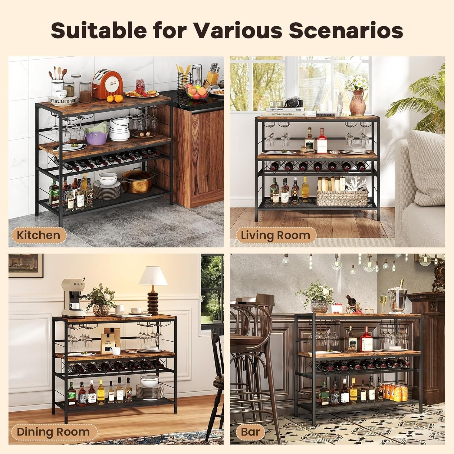 Industrial Wine Rack Table with Glass Holder, 3 - Tier Bar Cabinet Storage Unit - Kwikley