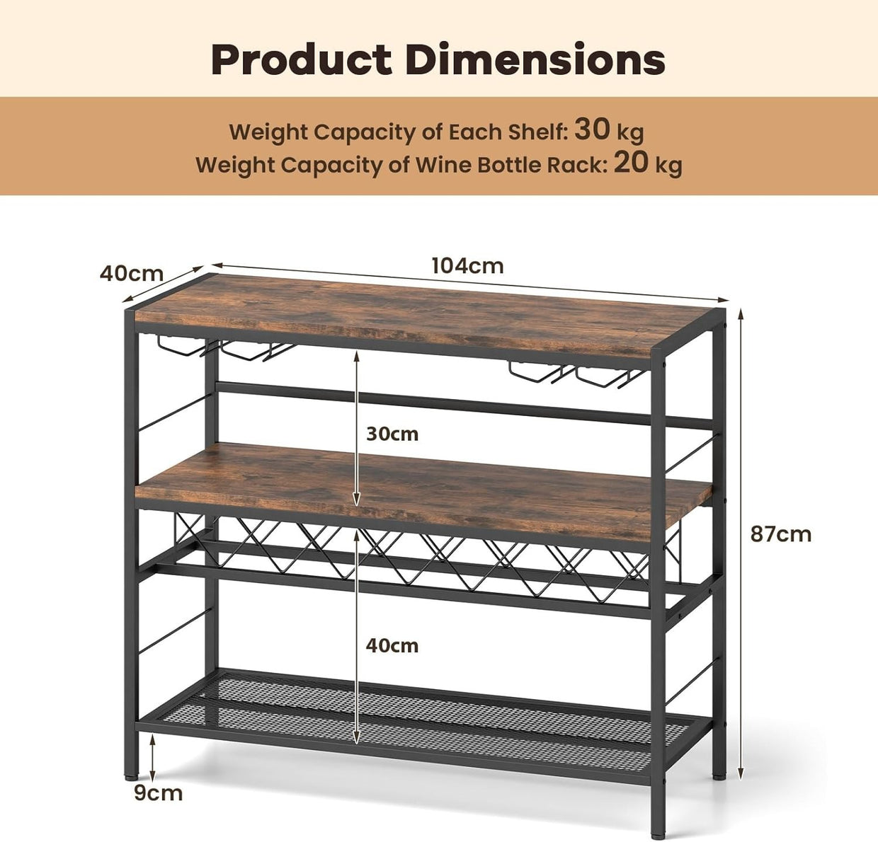 Industrial Wine Rack Table with Glass Holder, 3 - Tier Bar Cabinet Storage Unit - Kwikley