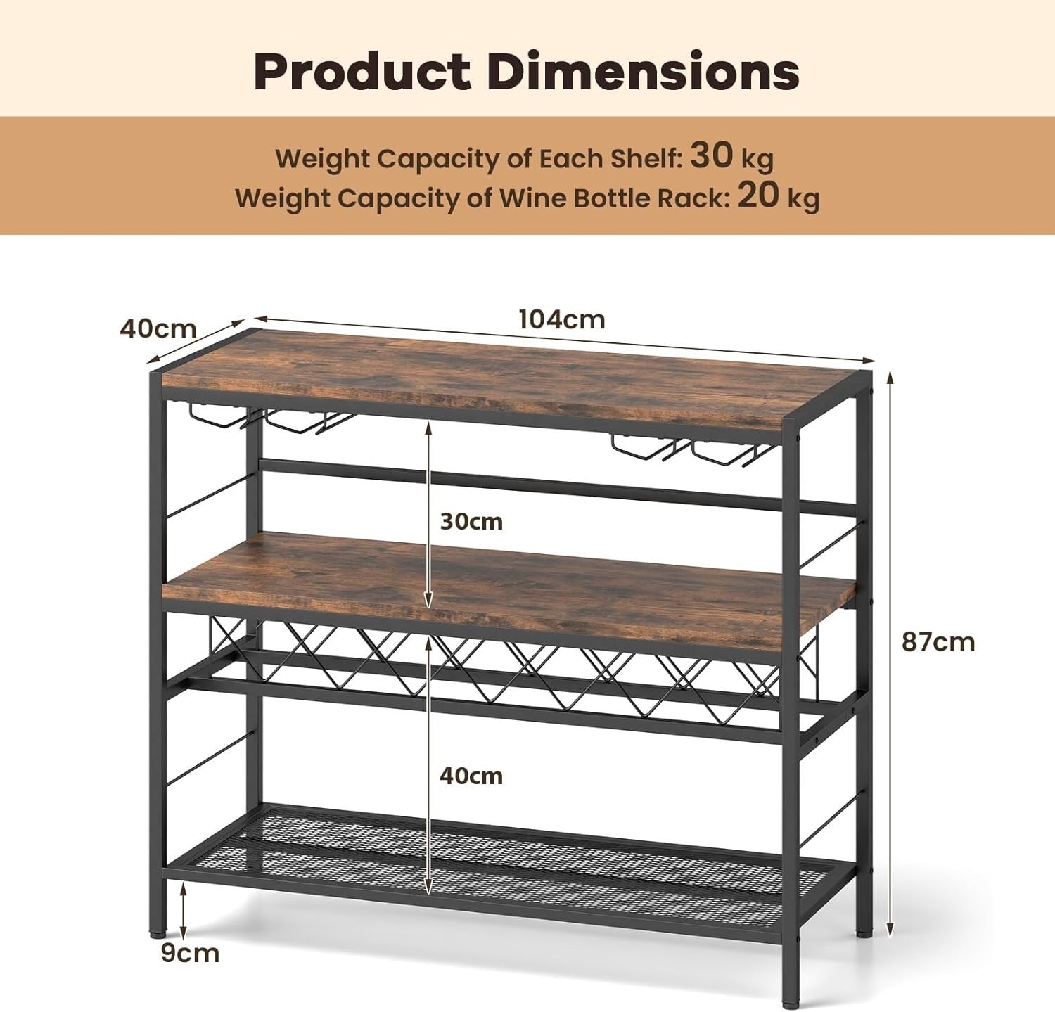 Industrial Wine Rack Table with Glass Holder, 3 - Tier Bar Cabinet Storage Unit - Kwikley