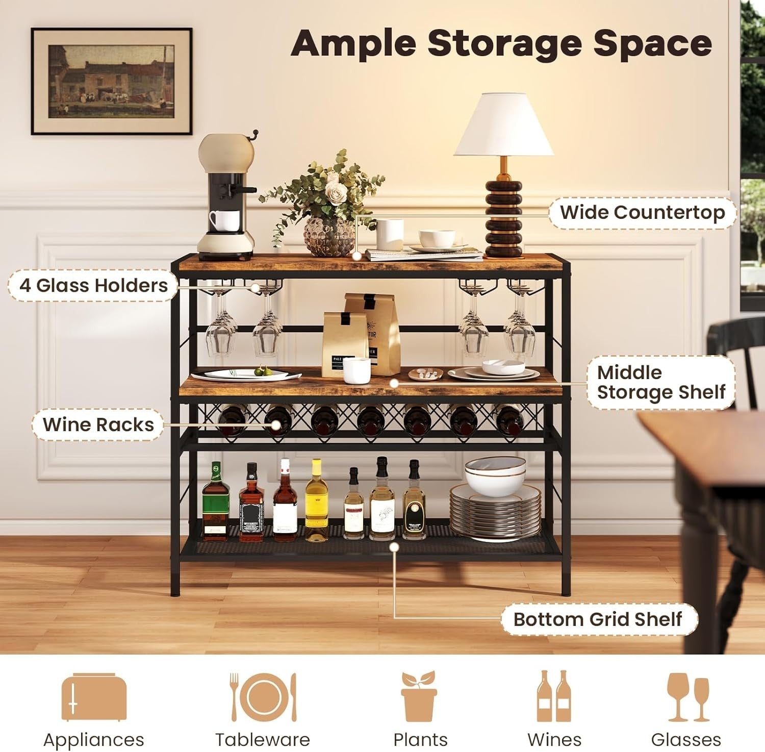 Industrial Wine Rack Table with Glass Holder, 3 - Tier Bar Cabinet Storage Unit - Kwikley