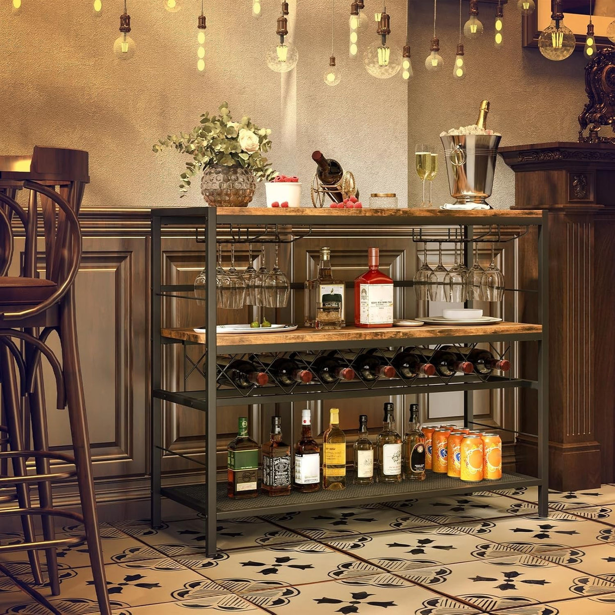 Industrial Wine Rack Table with Glass Holder, 3 - Tier Bar Cabinet Storage Unit - Kwikley