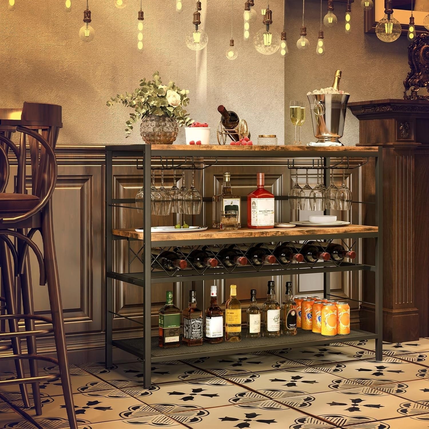 Industrial Wine Rack Table with Glass Holder, 3 - Tier Bar Cabinet Storage Unit - Kwikley