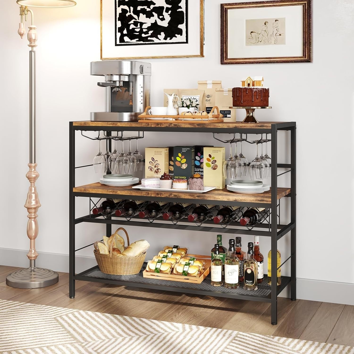 Industrial Wine Rack Table with Glass Holder, 3 - Tier Bar Cabinet Storage Unit - Kwikley