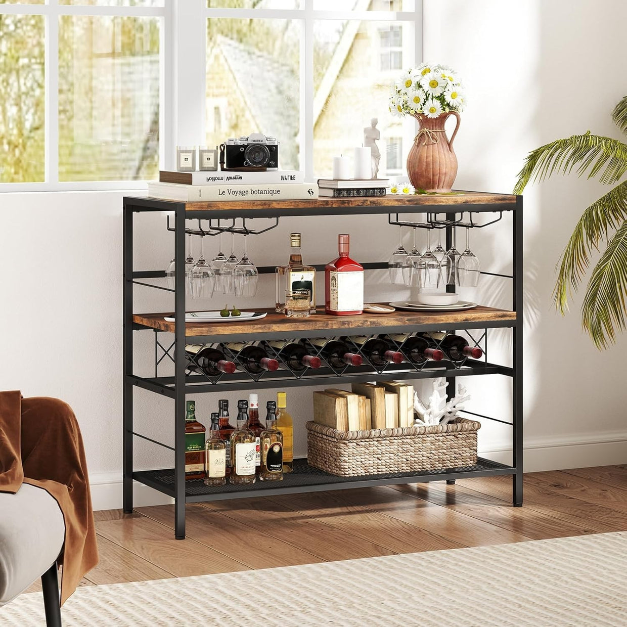 Industrial Wine Rack Table with Glass Holder, 3 - Tier Bar Cabinet Storage Unit - Kwikley