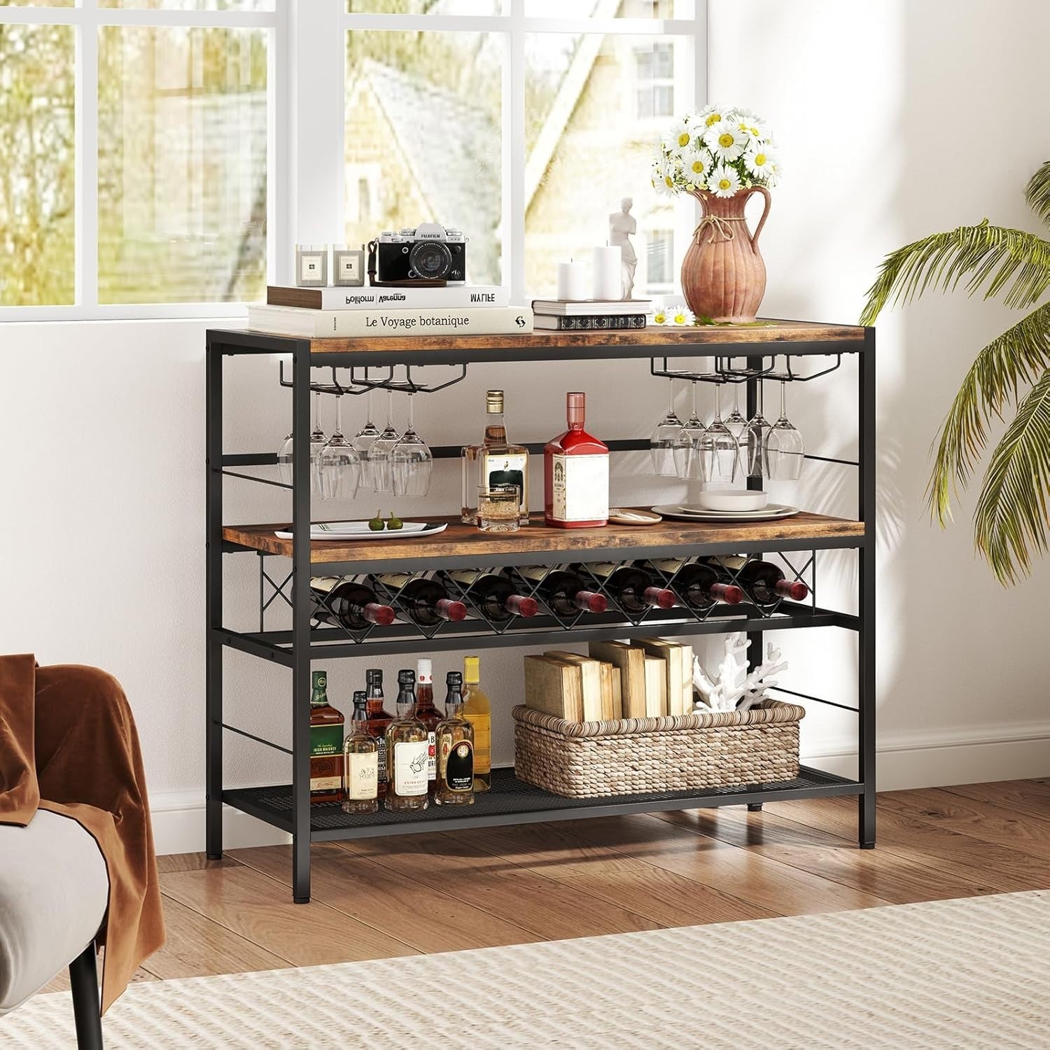 Industrial Wine Rack Table with Glass Holder, 3 - Tier Bar Cabinet Storage Unit - Kwikley