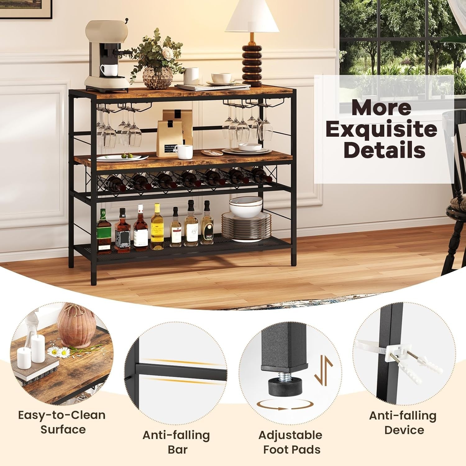 Industrial Wine Rack Table with Glass Holder, 3 - Tier Bar Cabinet Storage Unit - Kwikley