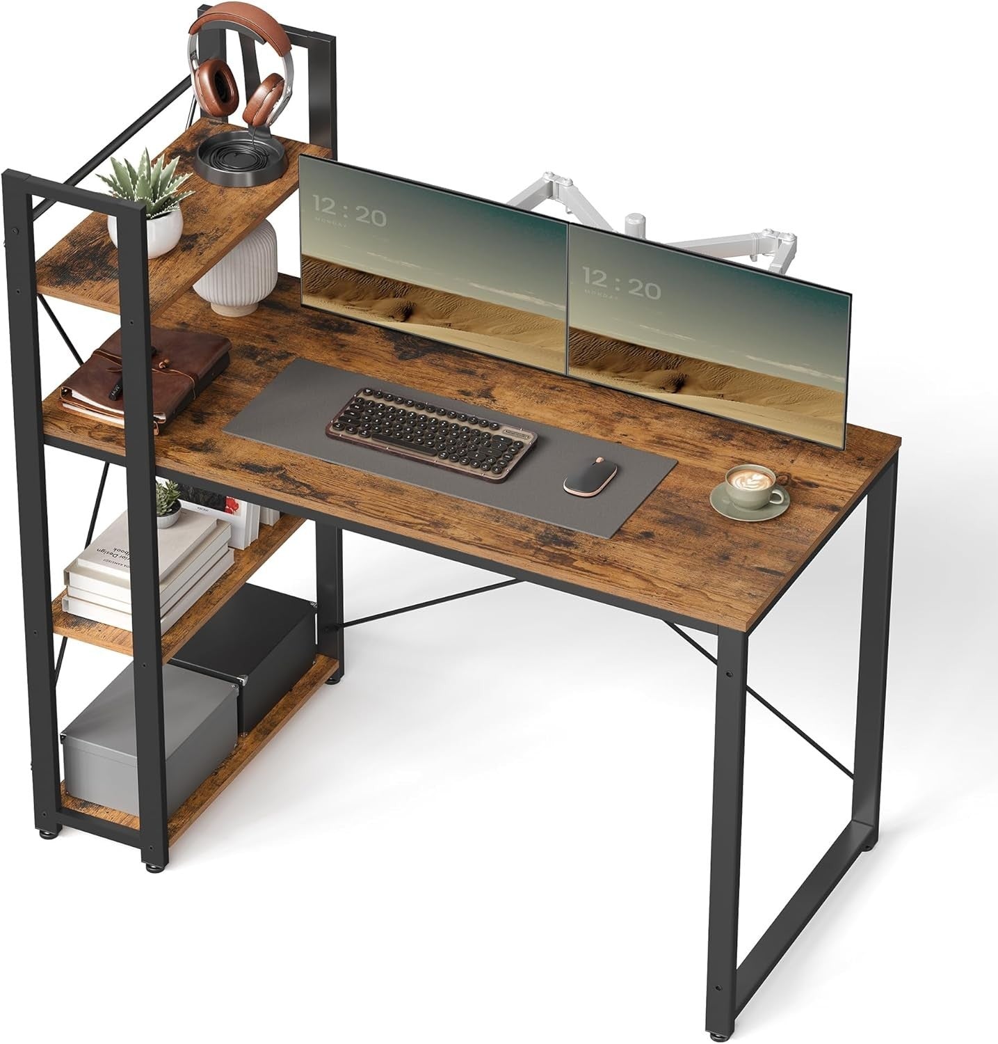Industrial Writing Desk with Storage Shelves 120cm Rustic Brown & Black - Kwikley