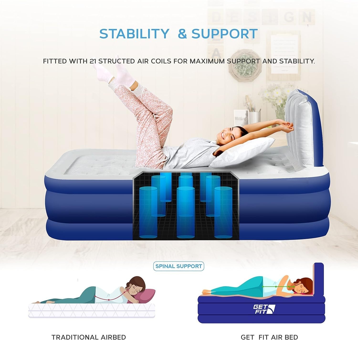 Inflatable Blue Air Bed with Built - in Electric Pump & Pillow Quick Inflate, - Kwikley