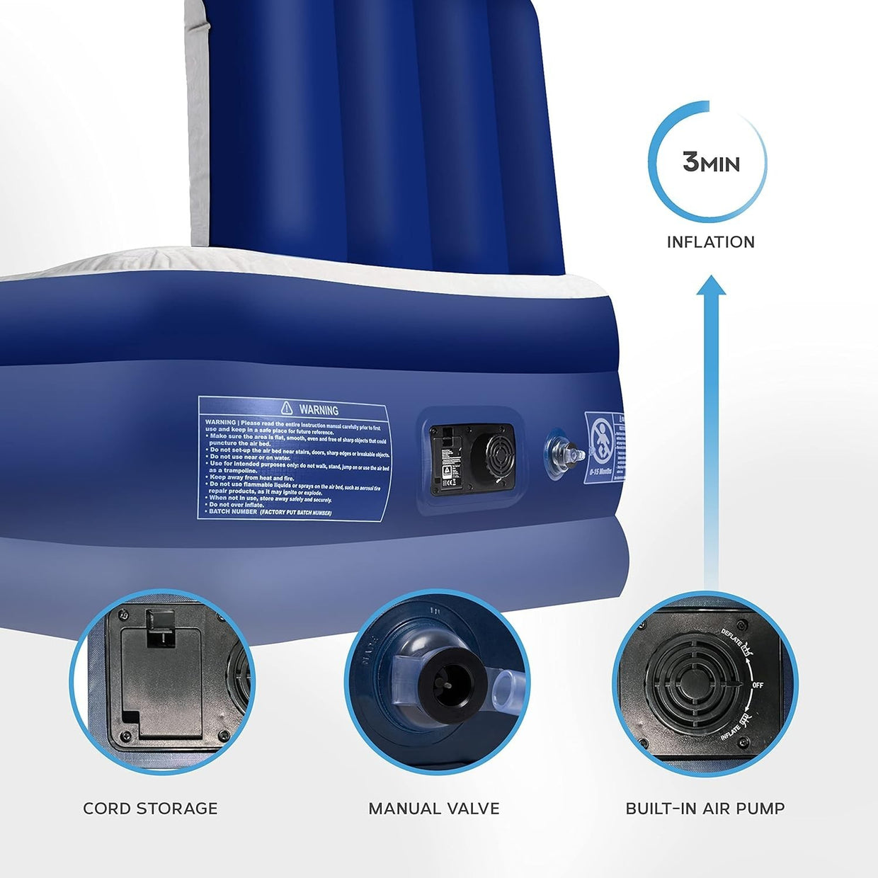 Inflatable Blue Air Bed with Built - in Electric Pump & Pillow Quick Inflate, - Kwikley