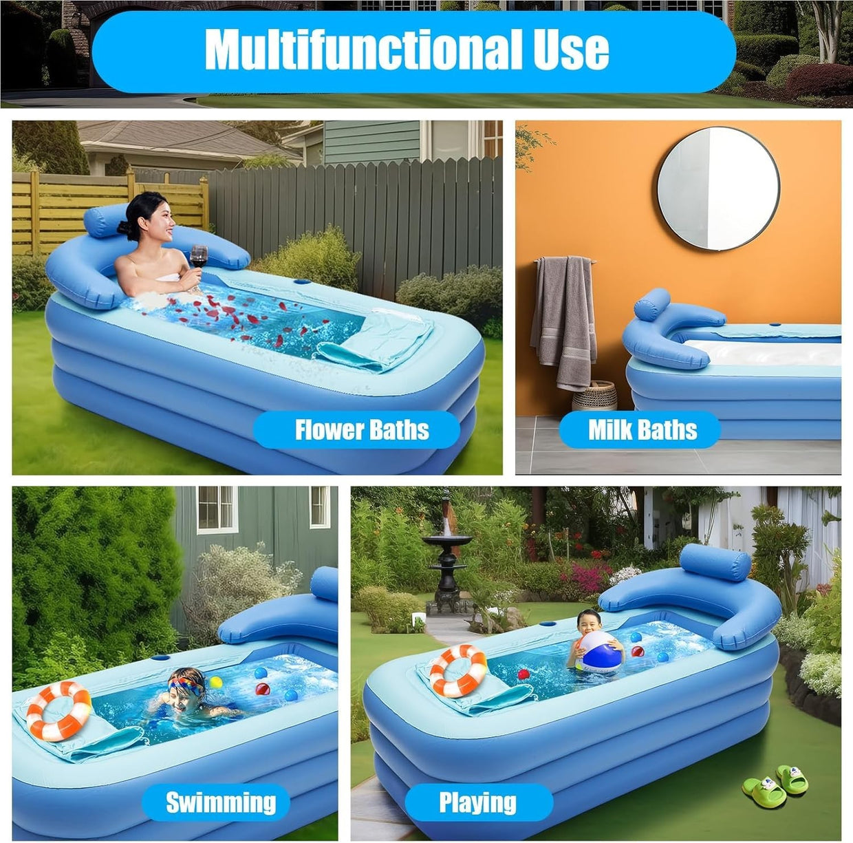 Inflatable Foldable Adult Bath Tub Ice Spa PVC Free - Standing Tub w/ Massage - Kwikley
