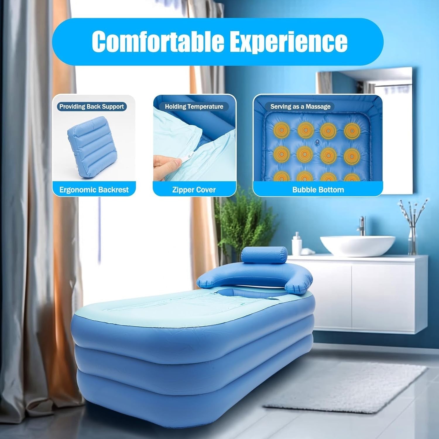 Inflatable Foldable Adult Bath Tub Ice Spa PVC Free - Standing Tub w/ Massage - Kwikley