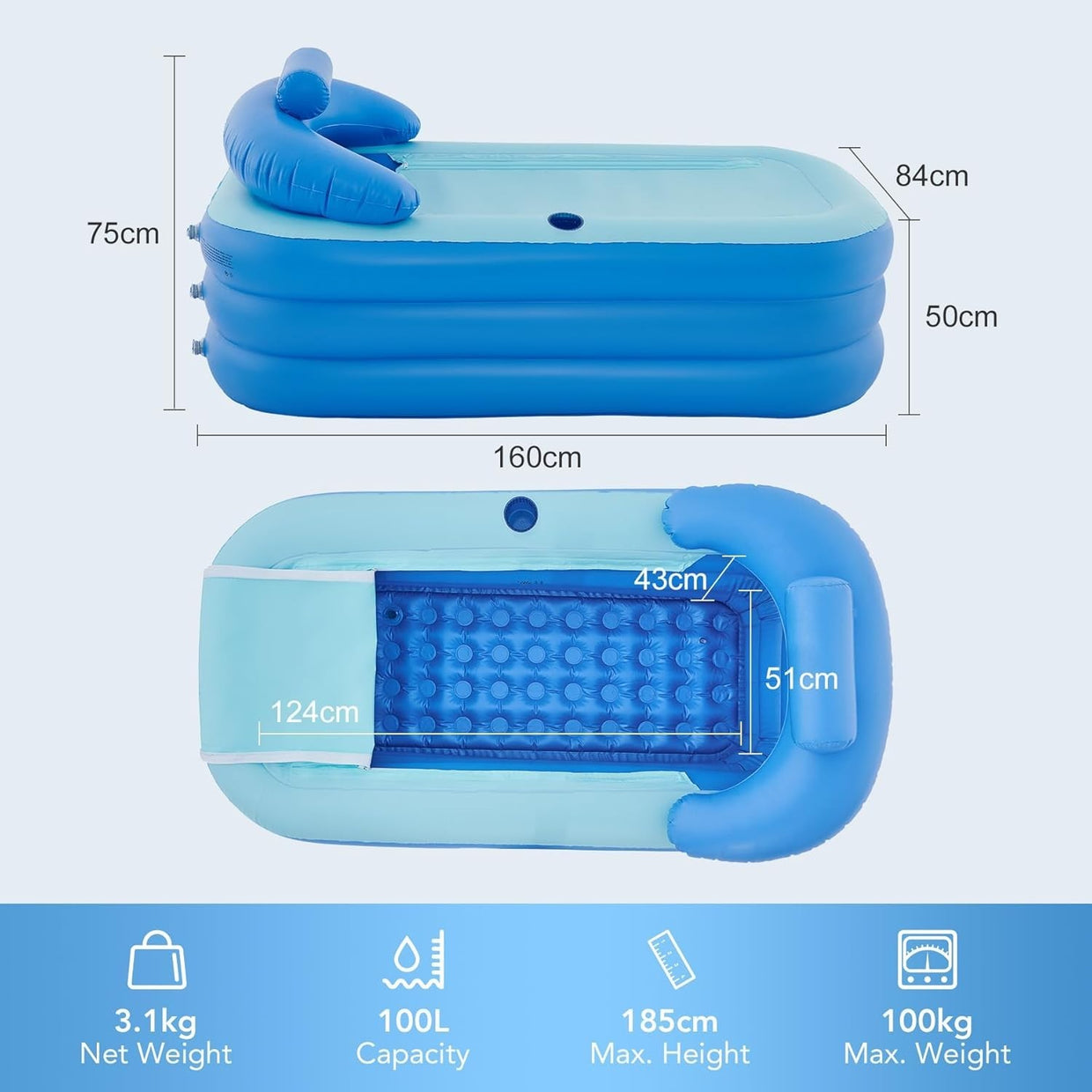 Inflatable Portable Adult Bath Tub – Foldable PVC Spa Bath with Electric Pump - Kwikley