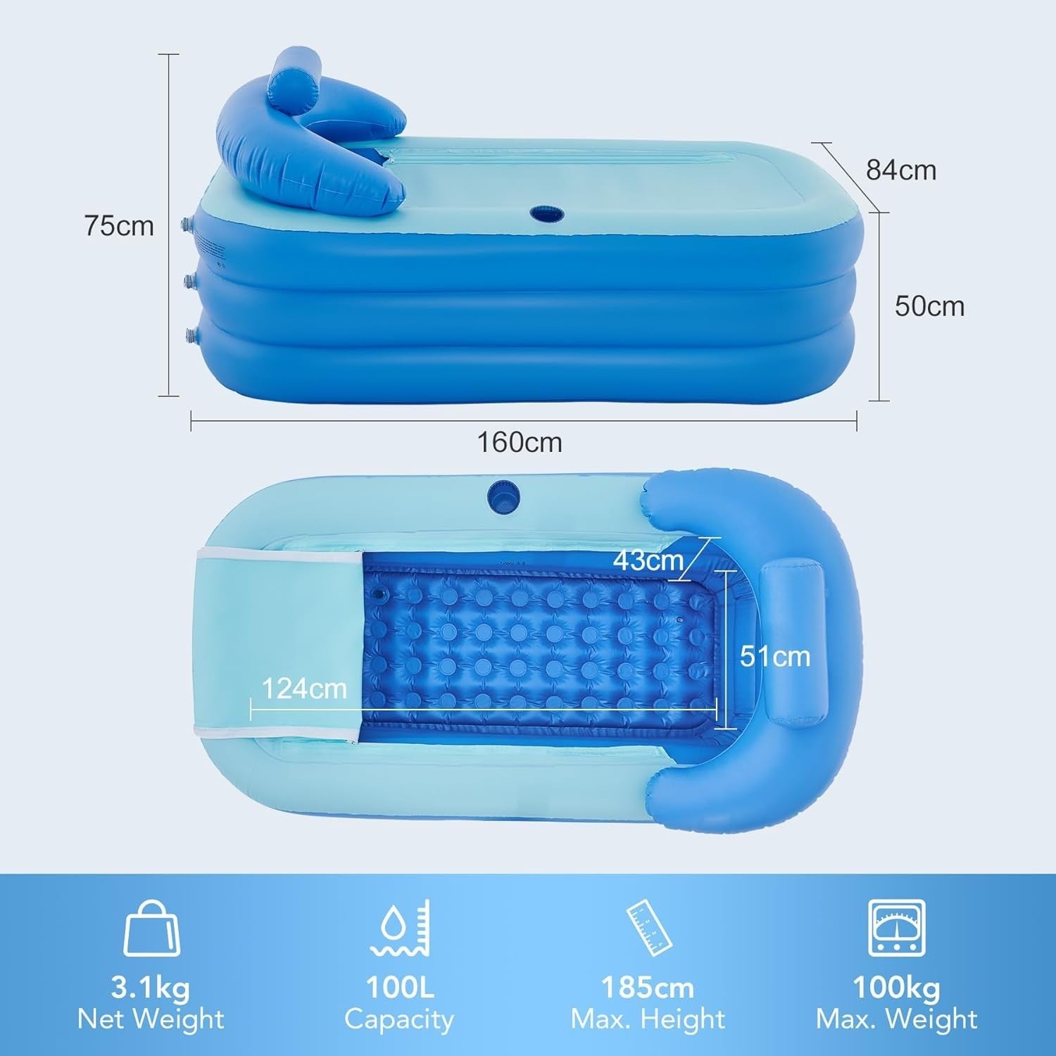 Inflatable Portable Adult Bath Tub – Foldable PVC Spa Bath with Electric Pump - Kwikley