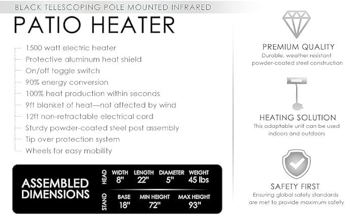 Infrared Patio Heater 1500W Offset Pole Mounted Windproof & Indoor Outdoor - Kwikley
