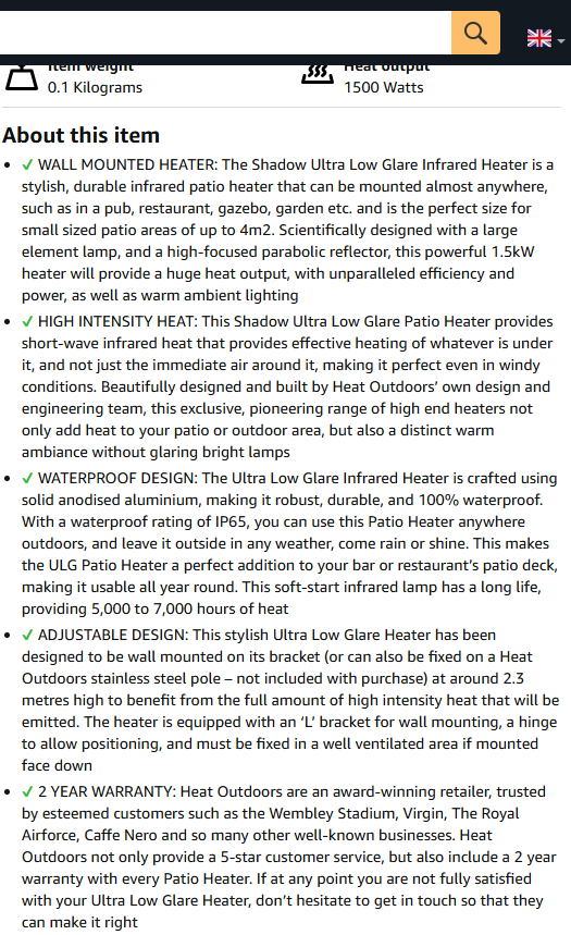 Infrared Patio Heater 1.5kW Wall Mount Outdoor Waterproof Low Glare Heat - Kwikley