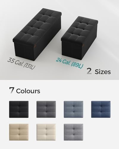 Ink Black Folding Ottoman Bench 76cm Linen Storage Seat Footstool 89L Box - Kwikley