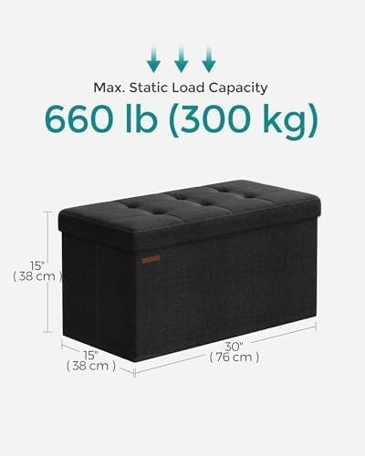 Ink Black Folding Ottoman Bench 76cm Linen Storage Seat Footstool 89L Box - Kwikley