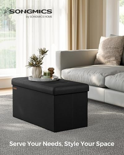 Ink Black Folding Ottoman Bench 76cm Linen Storage Seat Footstool 89L Box - Kwikley