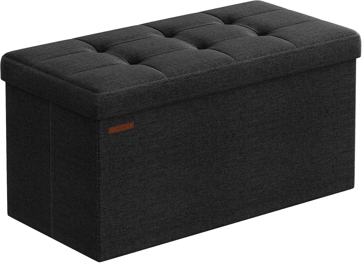 Ink Black Folding Ottoman Bench 76cm Linen Storage Seat Footstool 89L Box - Kwikley