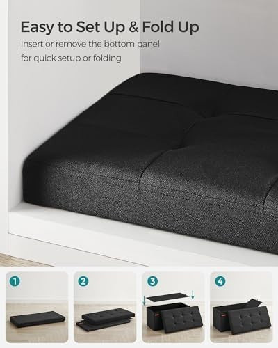 Ink Black Folding Ottoman Bench 76cm Linen Storage Seat Footstool 89L Box - Kwikley