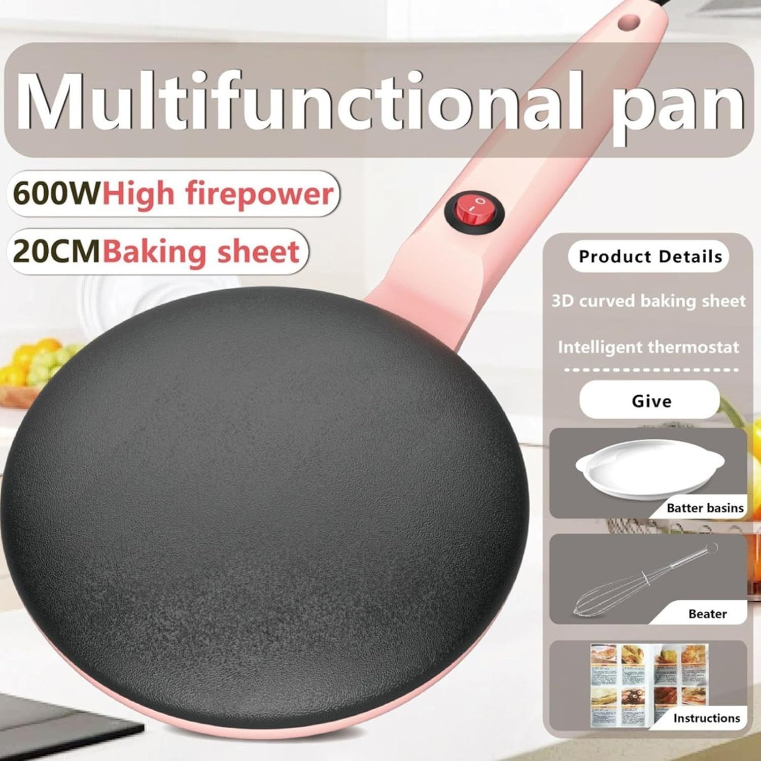 Instant Crepe Maker 7.8 Inch Electric Non - Stick Pancake Grill Pan Pink - Kwikley