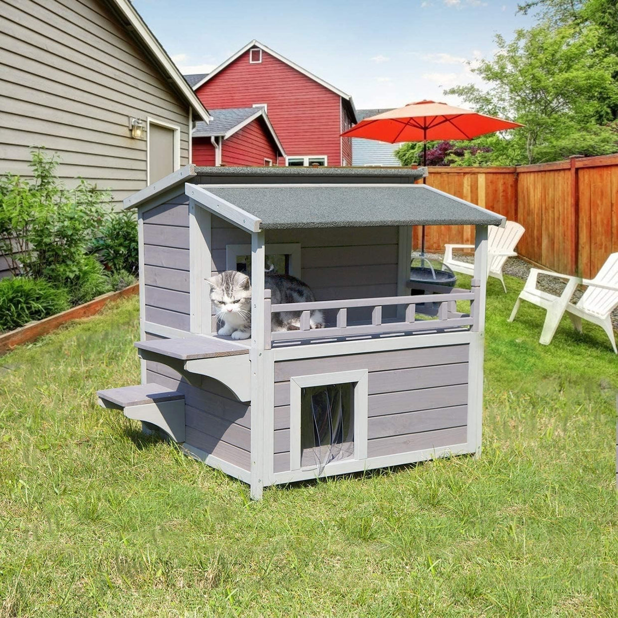 Insulated 2 - Level Wooden Pet House Outdoor Indoor with Escape Doors 75x75x85cm - Kwikley