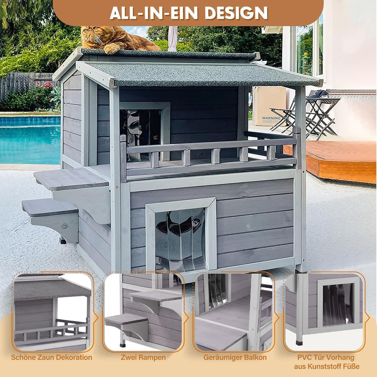 Insulated 2 - Level Wooden Pet House Outdoor Indoor with Escape Doors 75x75x85cm - Kwikley