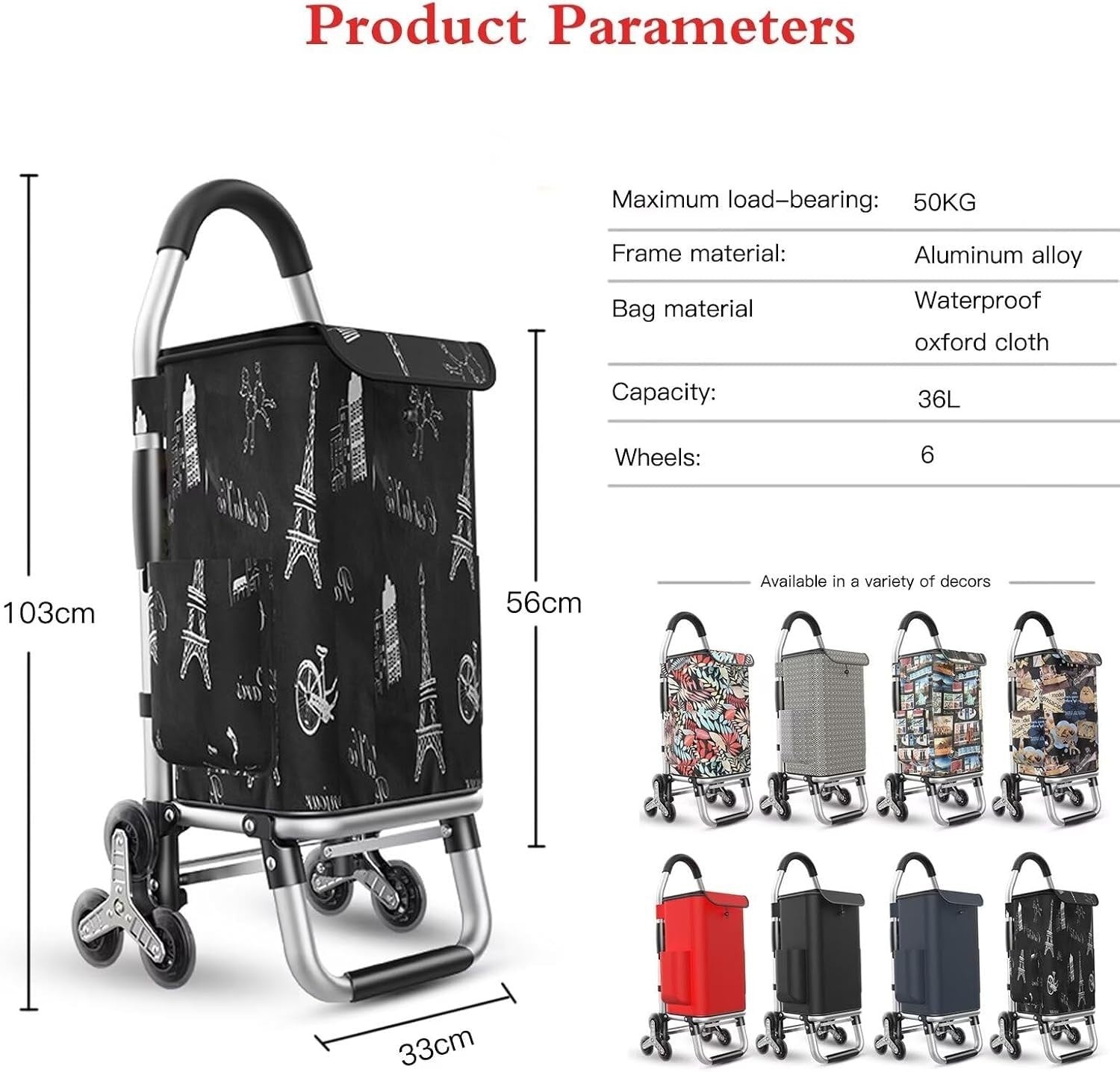 Insulated 36L Stair Climber Shopping Cart 6 - Wheel Lightweight Aluminium Trolley - Kwikley