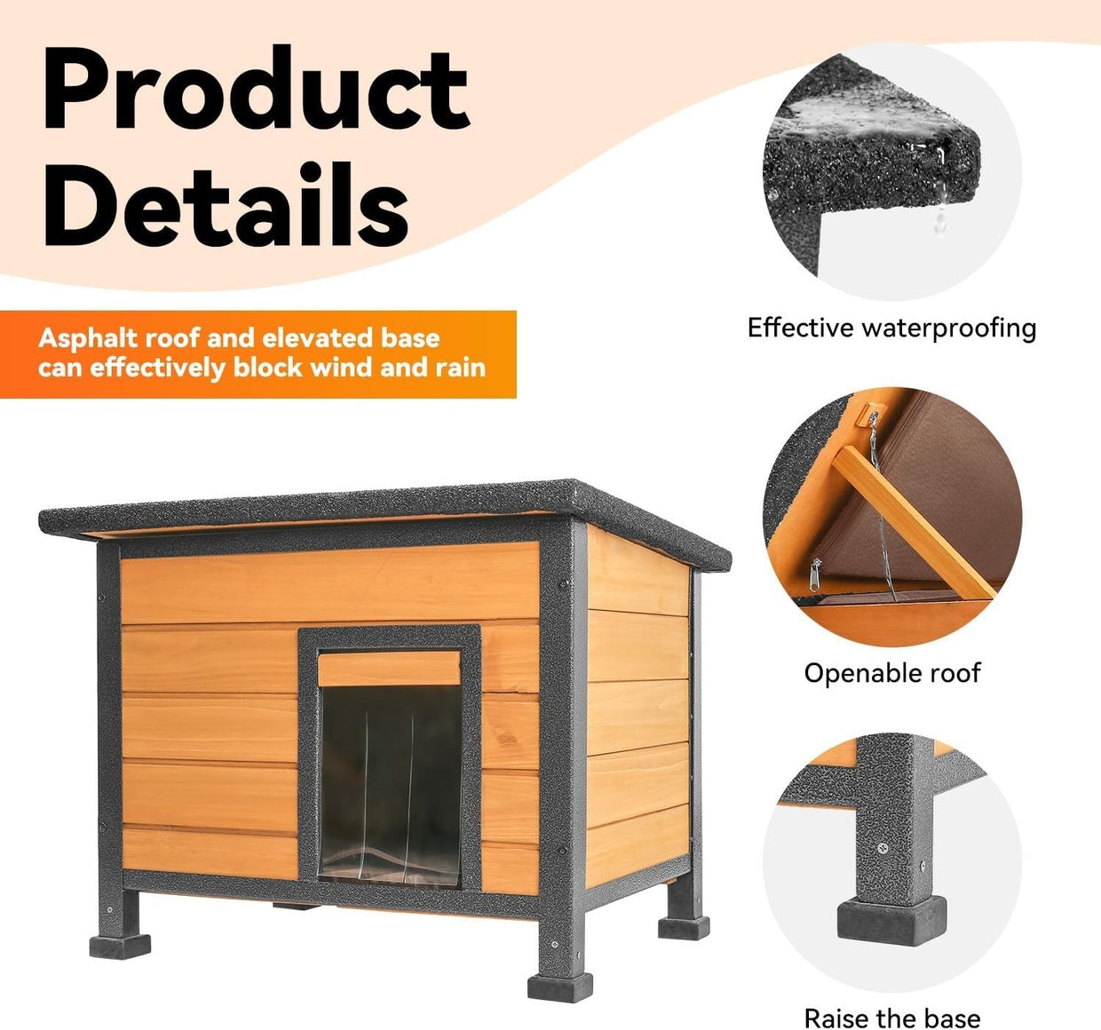 Insulated Wooden Cat House with Metal Frame & Waterproof Roof 57x45x43cm - Kwikley