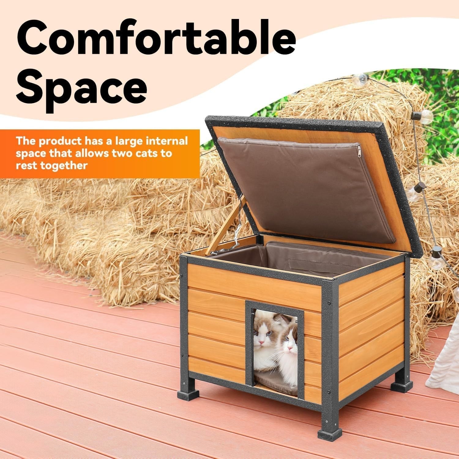 Insulated Wooden Cat House with Metal Frame & Waterproof Roof 57x45x43cm - Kwikley