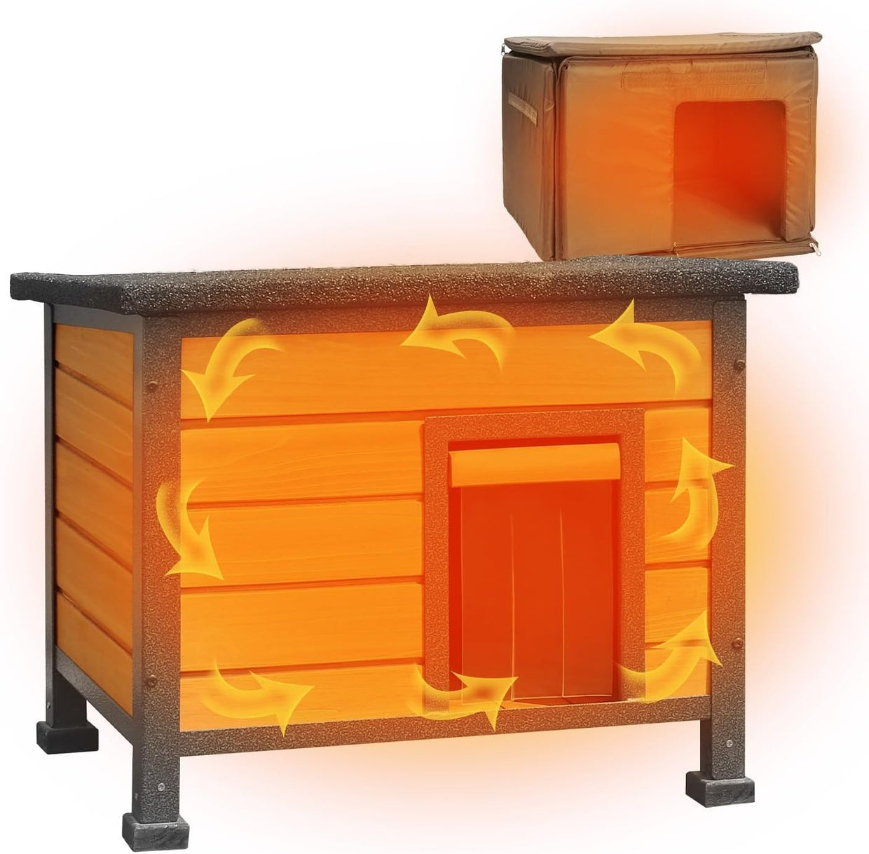 Insulated Wooden Cat House with Metal Frame & Waterproof Roof 57x45x43cm - Kwikley