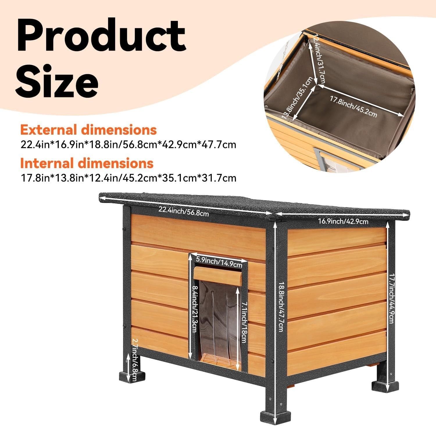 Insulated Wooden Cat House with Metal Frame & Waterproof Roof 57x45x43cm - Kwikley