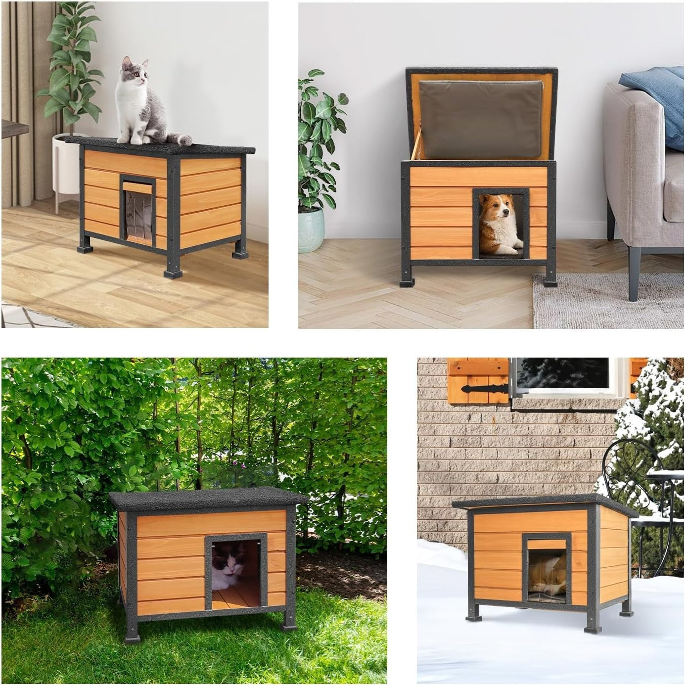 Insulated Wooden Cat House with Metal Frame & Waterproof Roof 57x45x43cm - Kwikley